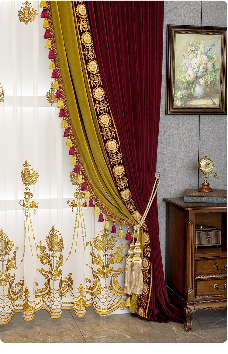 luxury costom Red gold window velvet cloth lace blackout curtain tulle M1845