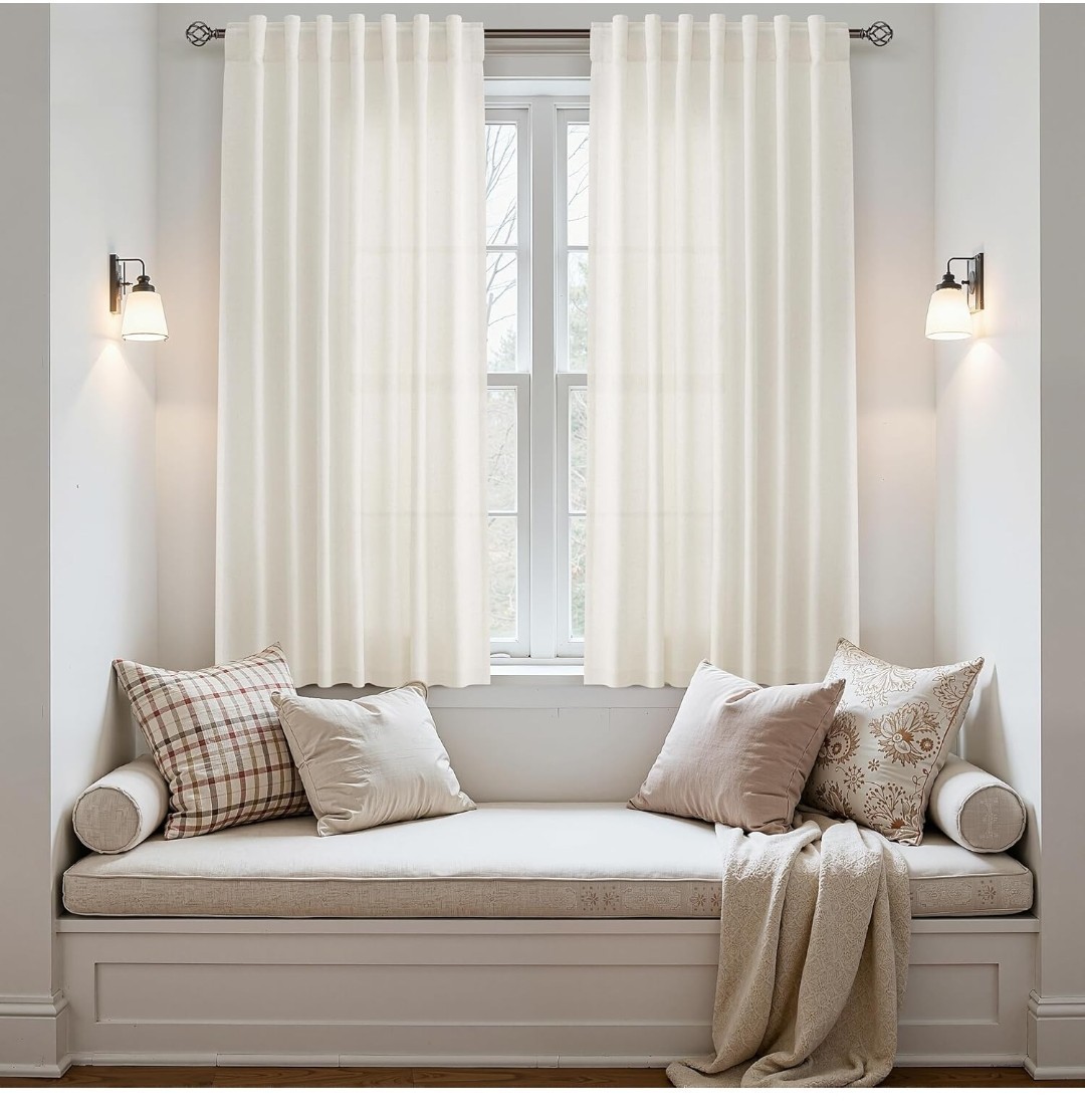 Linen Curtains for Living Room, Back Tab Semi Sheer 52*63 inches(Long Ivory)