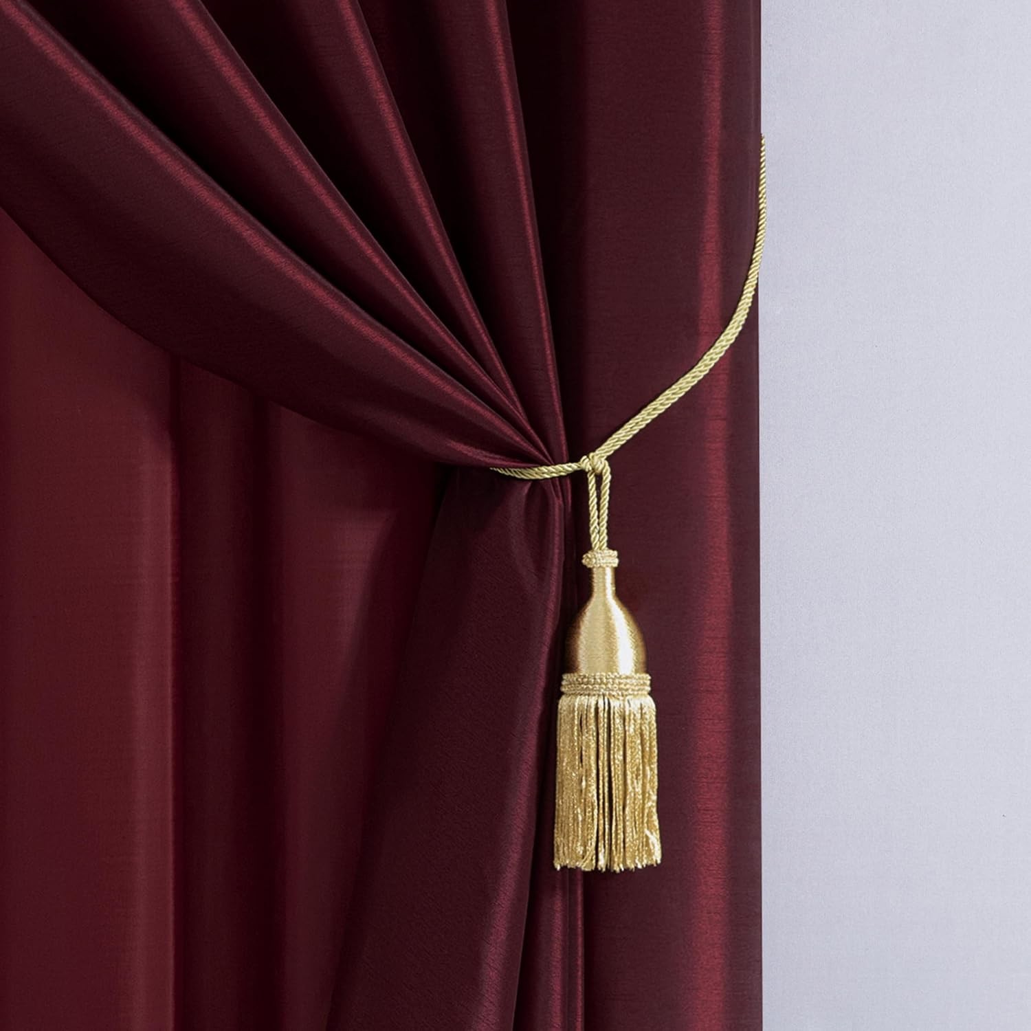 Luxury Jacquard Floral 4 Piece Window Curtain Set with Valance Sheer Maroon Gold