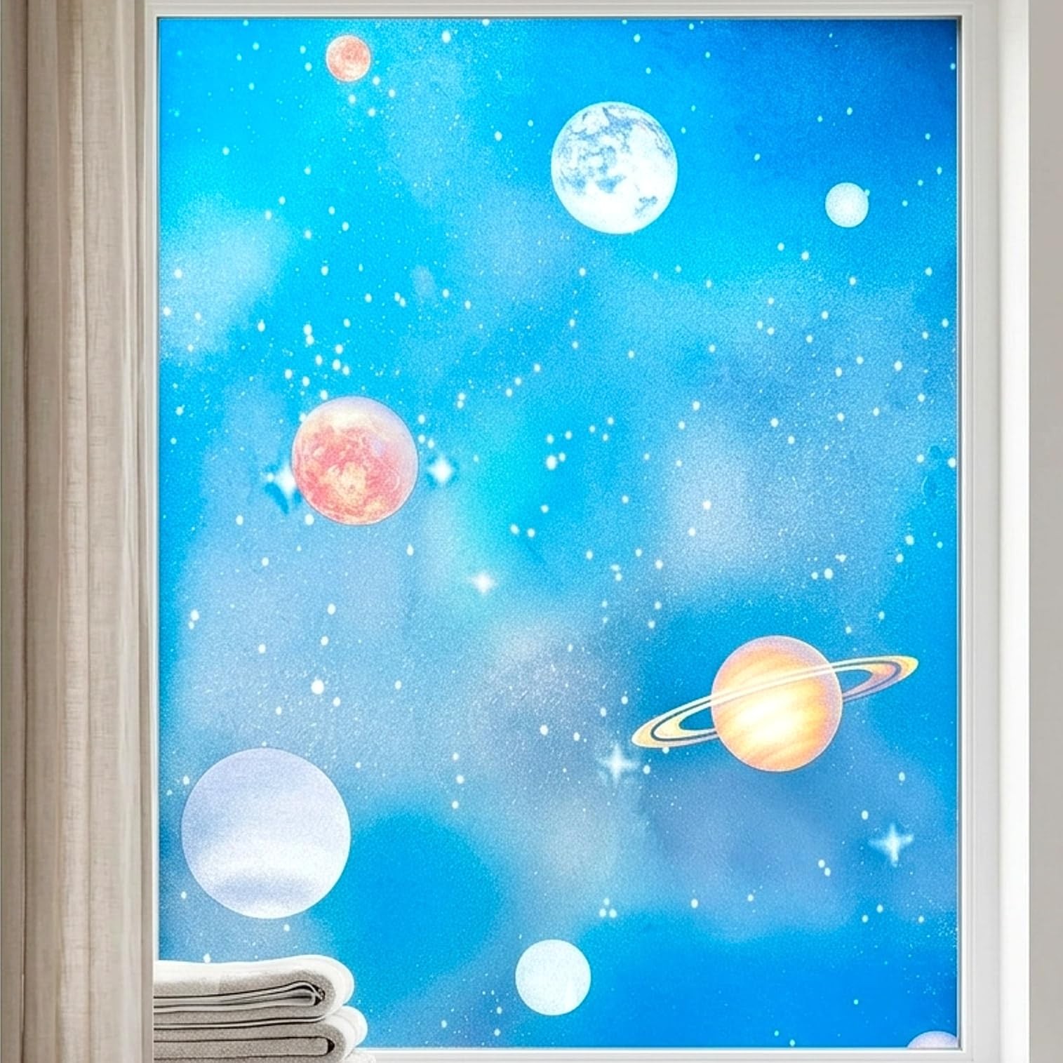 Blue Window Privacy Film Stained Glass Sliding Door Cling Decorative Galaxy P…