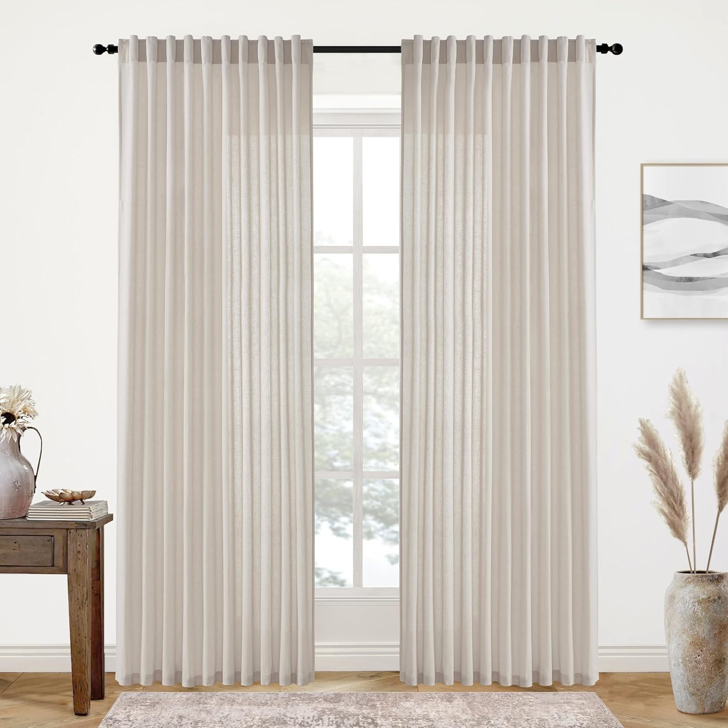 Oatmeal Beige Sheer Linen Curtains 102″ Long for Living Room & Bedroom