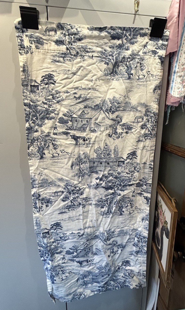 Blue White Farm Toile Fabric Curtains 2 Panels Farm house Country 49″ x 20″ L8