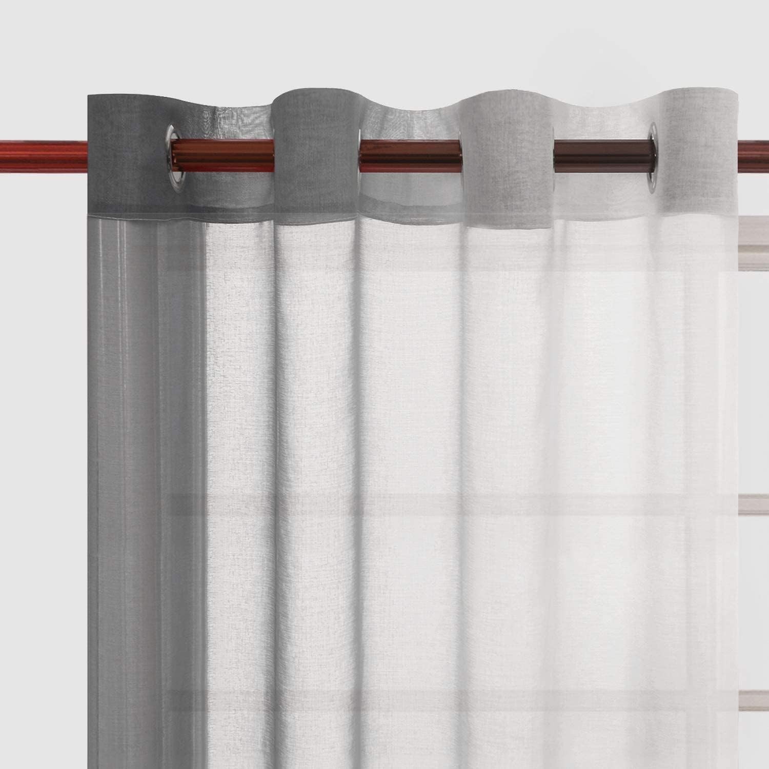 Grey Faux Linen Ombre Sheer Curtains – Semi Voile Gradient Grommet Top Curtains