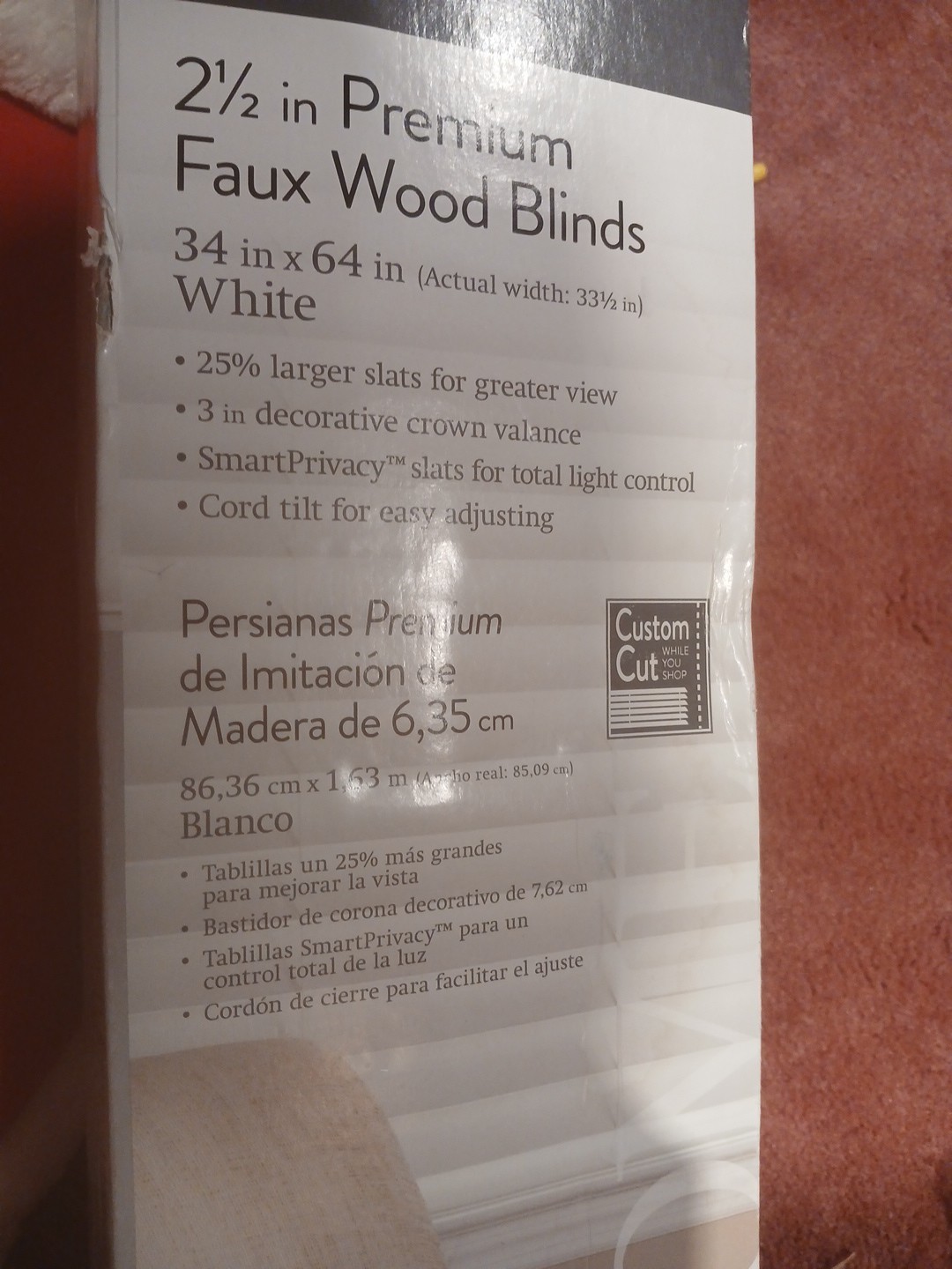 Home Decorators Collection White Cordless 2 1/2″ Premium Faux Wood Blinds 34″x64