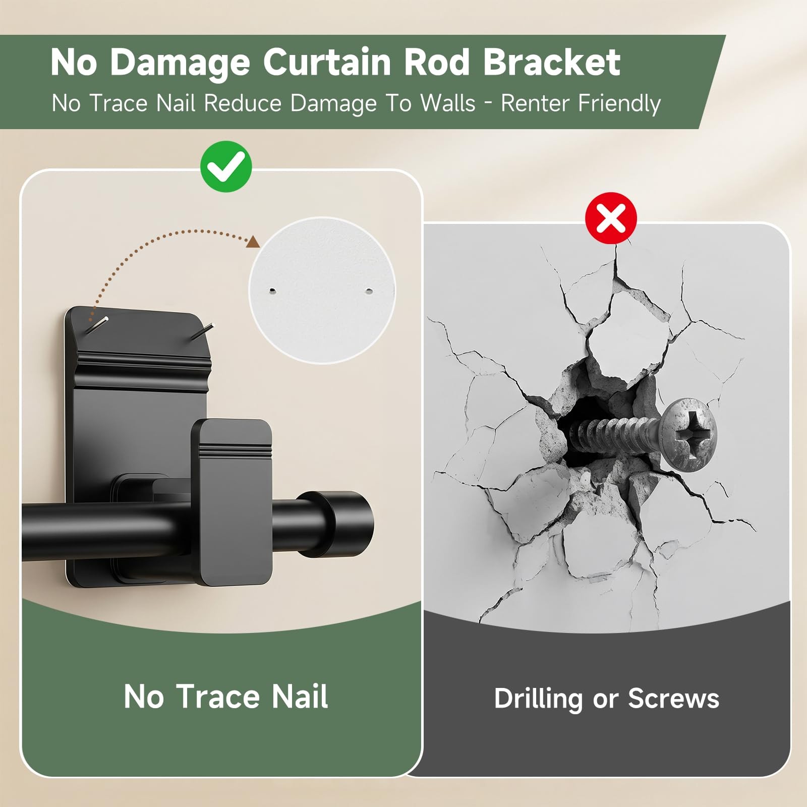 EKOTTOK No Drill Curtain Rod Brackets 4pc Black 5/8″ Rod