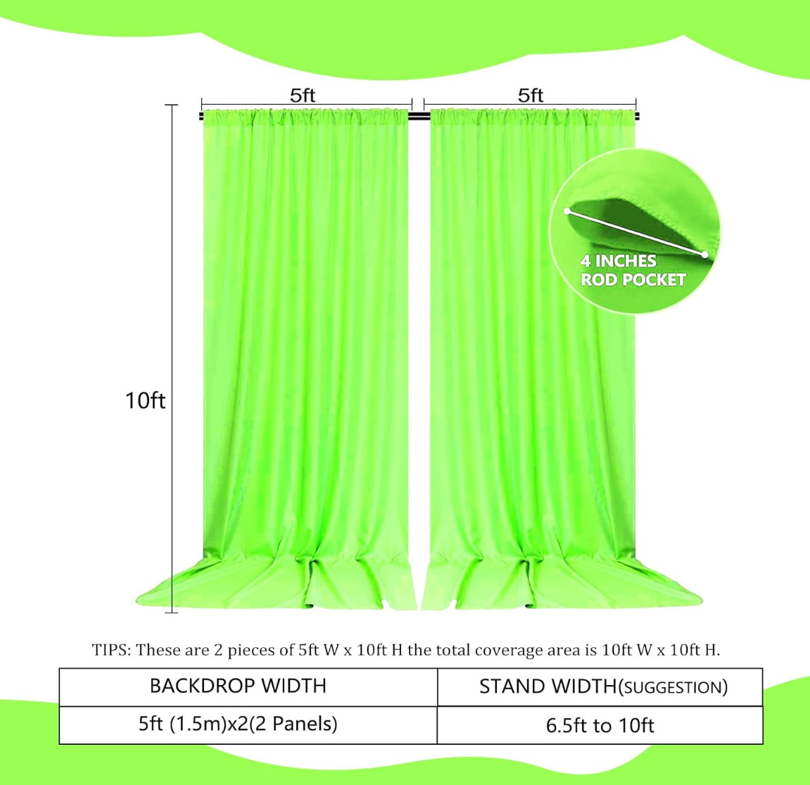 2 Panels Light Green Backdrop Curtain, 10 x 10 Feet Polyester Background Curtain
