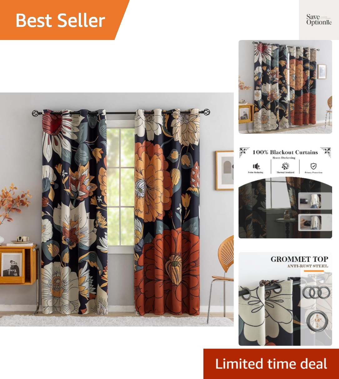 Black Boho Floral 100% Blackout Curtains for Bedroom 84 inch Long 2 Panels Mi…