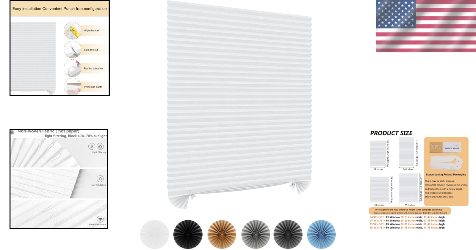 Window Blinds Cordless No Drill Self Adhesive Temporary Pleated 35×59 White L…