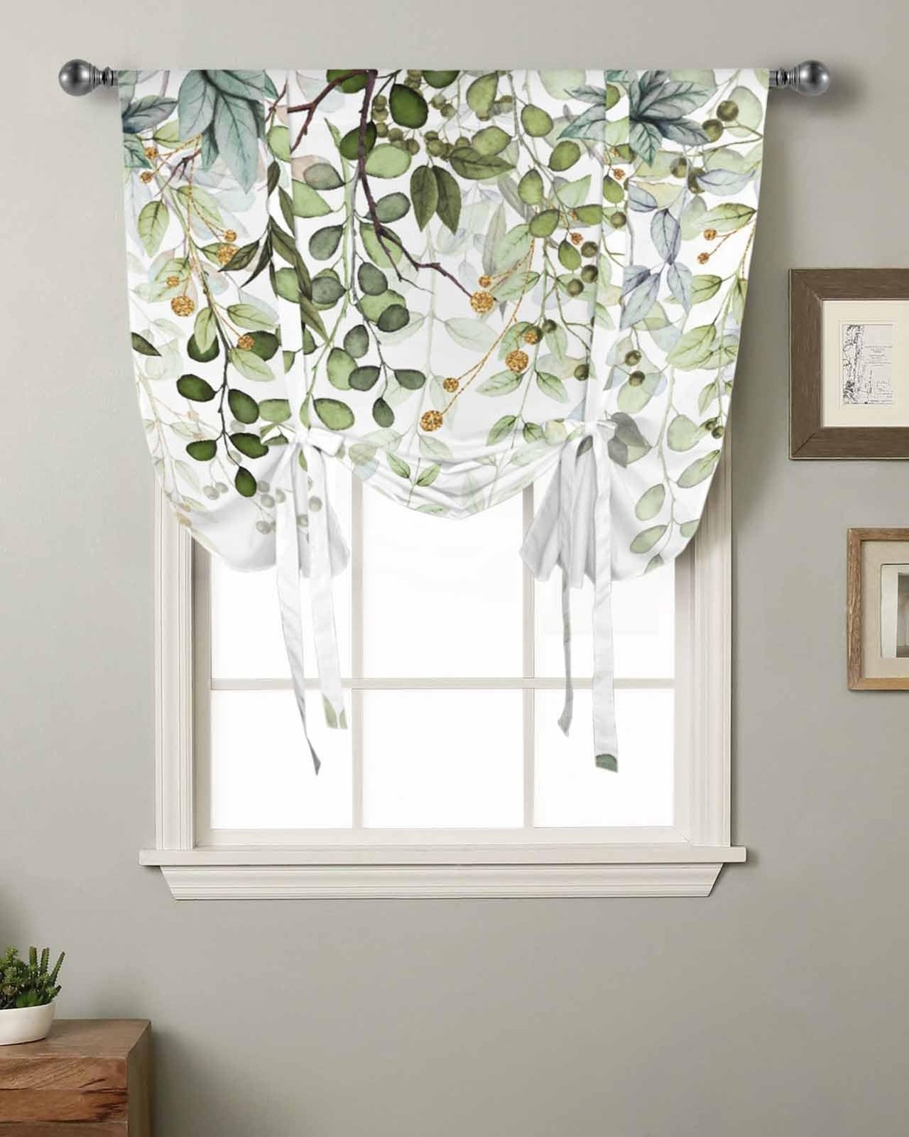 Sage Green Leaves Kitchen Window Shades Tie Up Curtains, Rustic Leaf Branches…