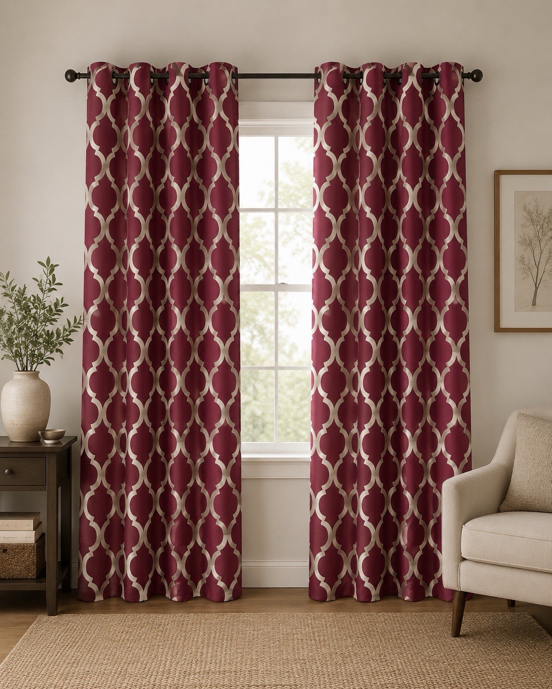 2 Pier 1 Red Gold Geometric Moorish Tile Lined Curtain Panels Grommet 84″ x 50″
