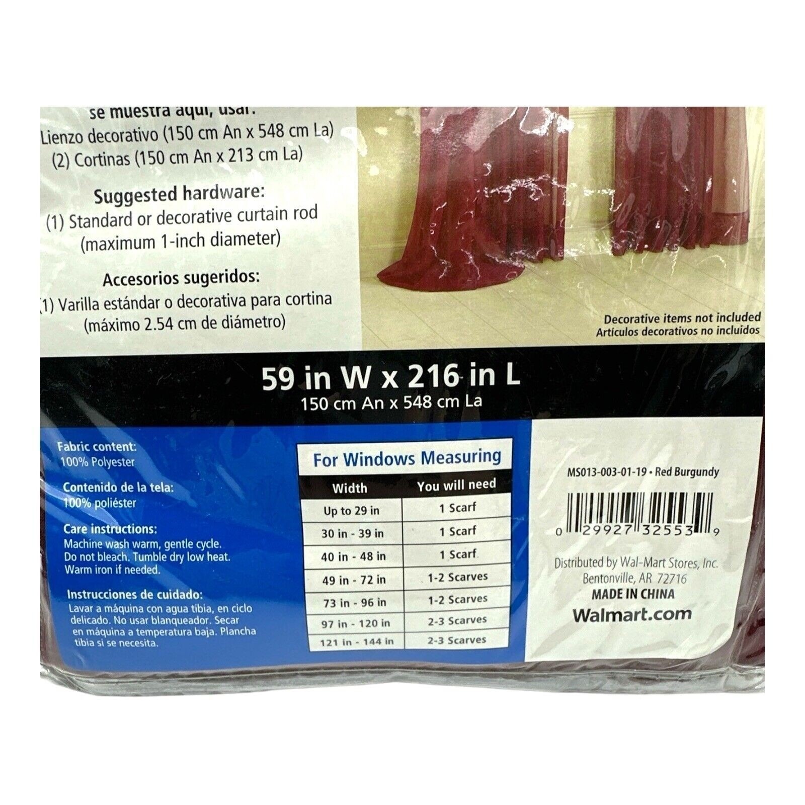 Mainstays Window Scarf Sheer Voile Red Burgundy 59″ x 216″