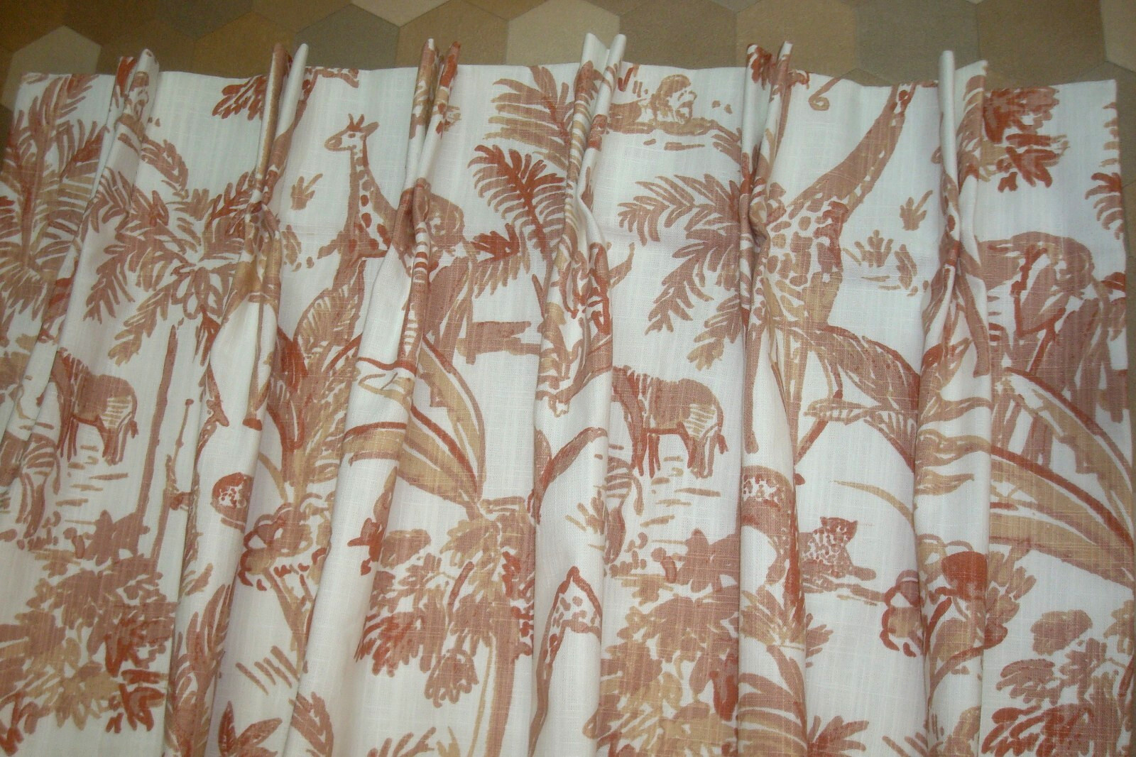 New One Pair Custom Lined DRAPES Meru African Animal Toile Clay Pleated 84″ lg