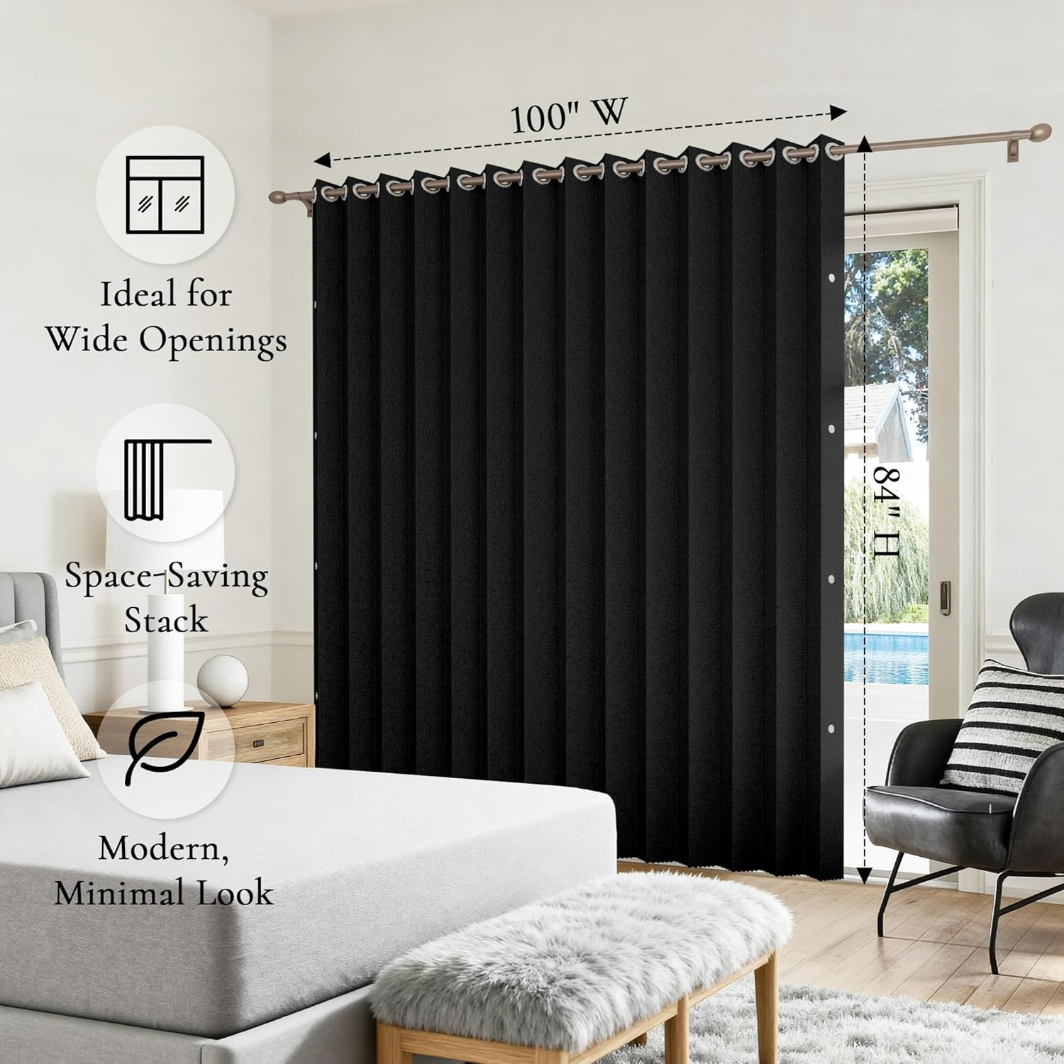Black Vertical Privacy Shades, 1 Panel, 78″ Wide, 84″ Long, Pleated Drape
