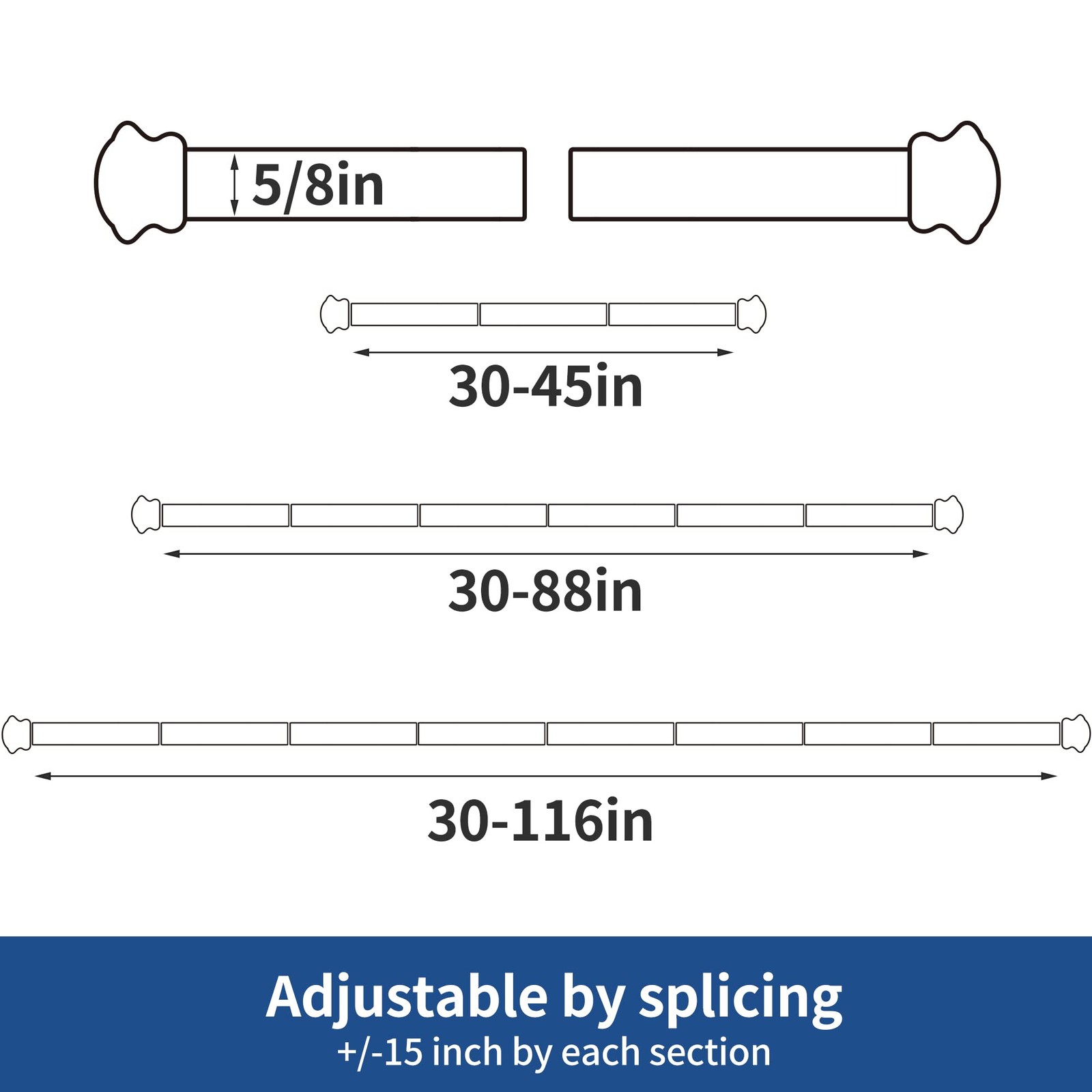 Standard Decorative Window Curtain Rods 30 to 116 Inch,5/8 30-116″, Black