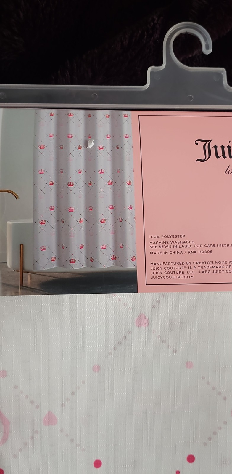 Juicy Couture Shower Curtain 70×72 White/Pink Diamond Crown Polyester Hooks