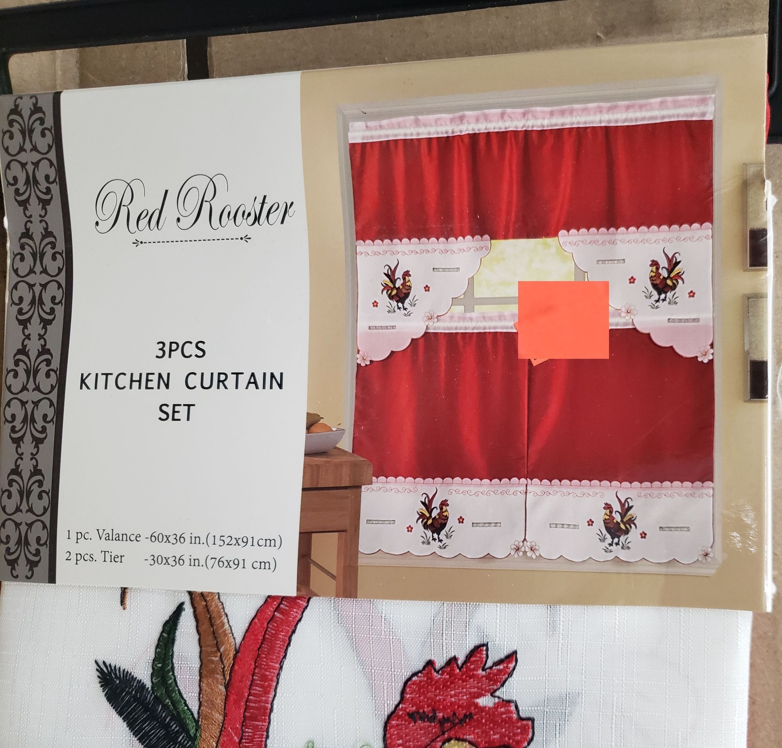 3pc. Embroidery Curtains Set: 2 Tiers & Swag, MULTICOLOR ROOSTER,RED ROOSTER,ACP