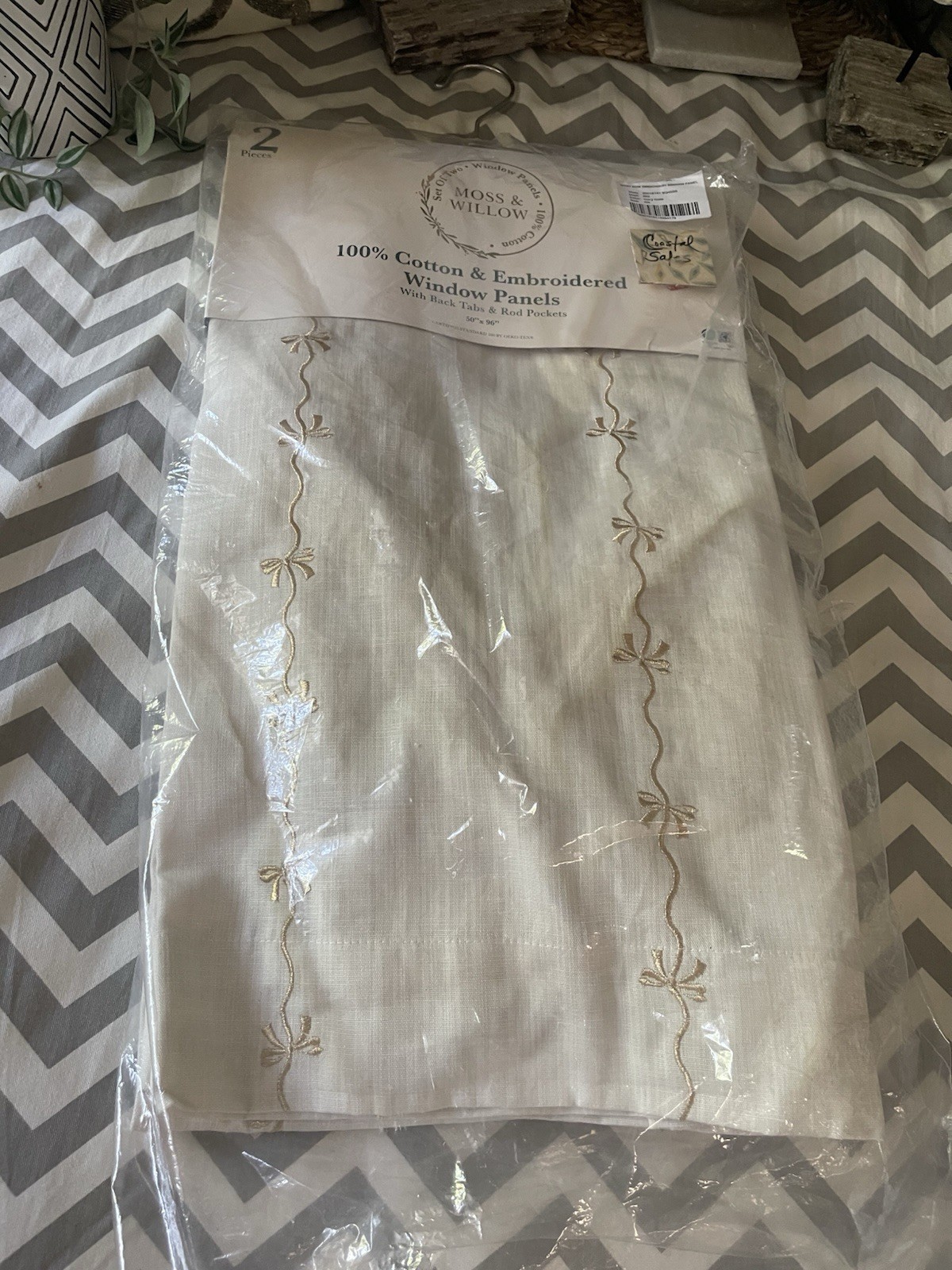 MOSS & WILLOW 100% Cotton Gold Embroidery Curtains Bows Ivory 50X96” NEW SET