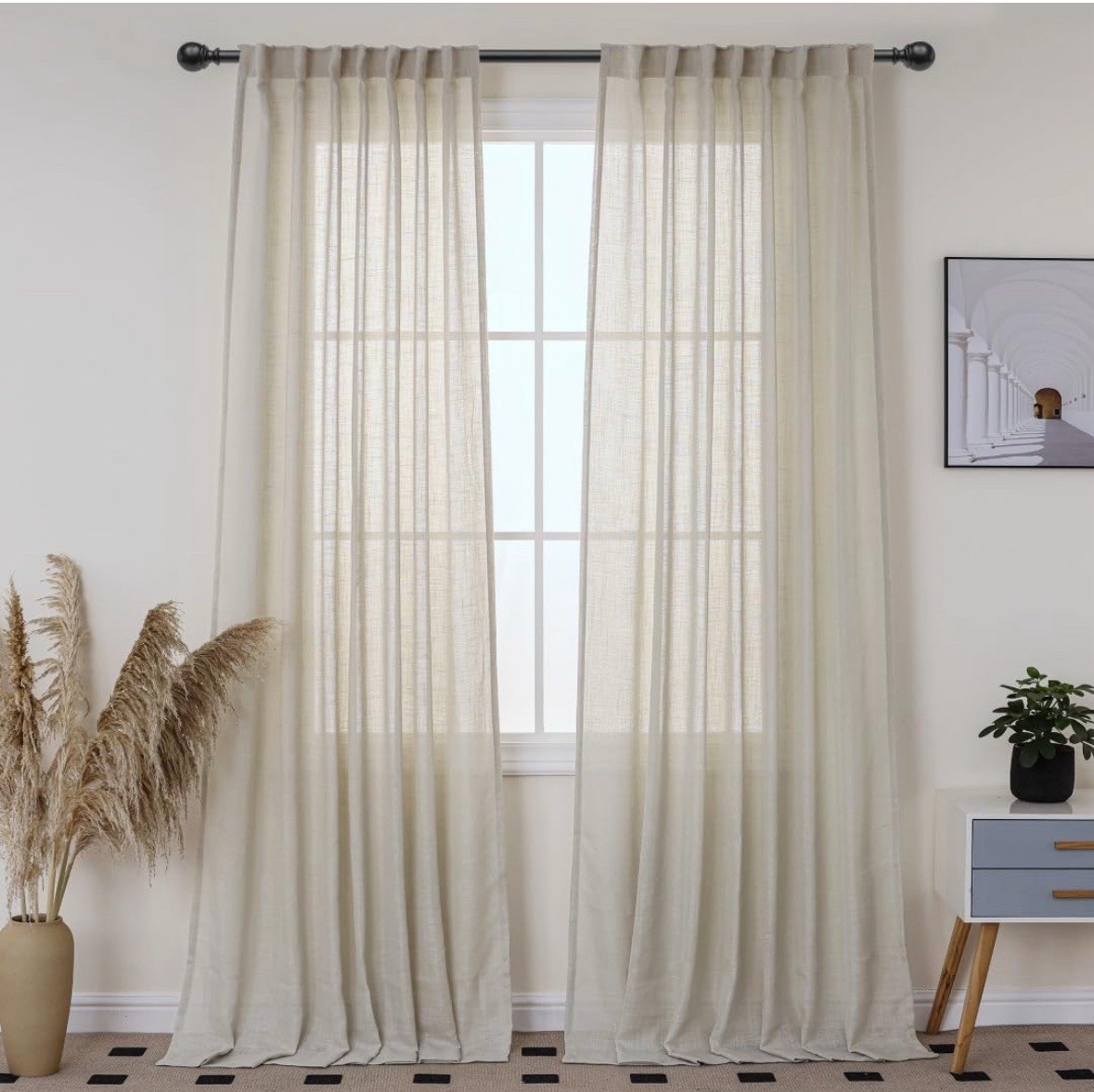 VOILYBIRD Beige Linen Sheer Curtains For Living Room 2 Panels, 52×108