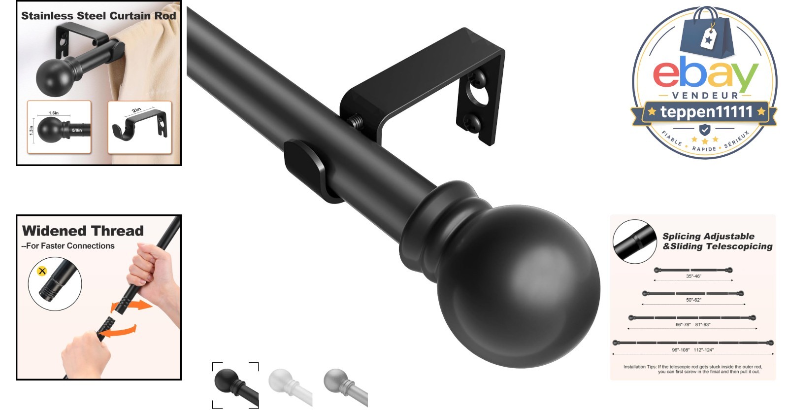 Black Curtain Rods 35″-46″, Adjustable Drapery Rod 5/8 Inch