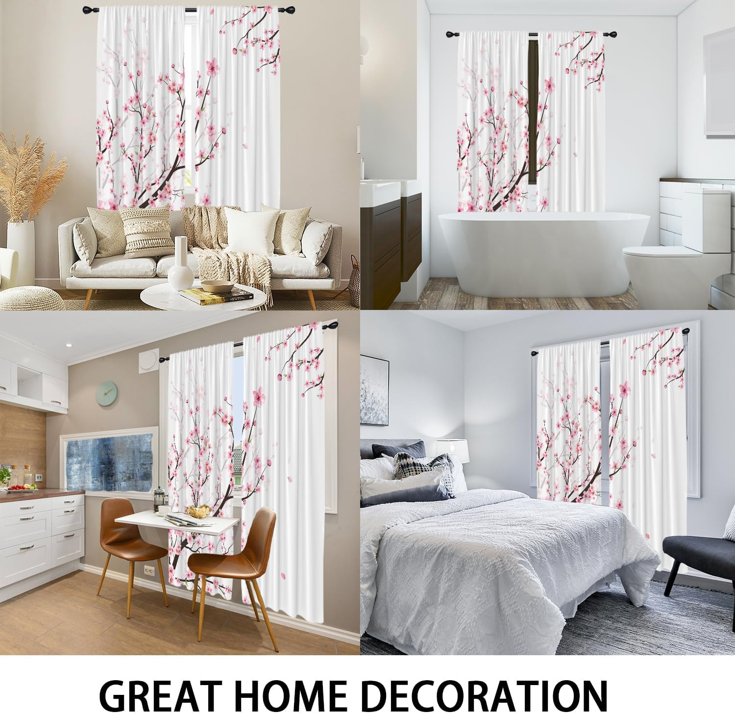 Pink Cherry Blossom Window Curtains for Bedroom 42 X 84 Inch Rod Pocket Japanese