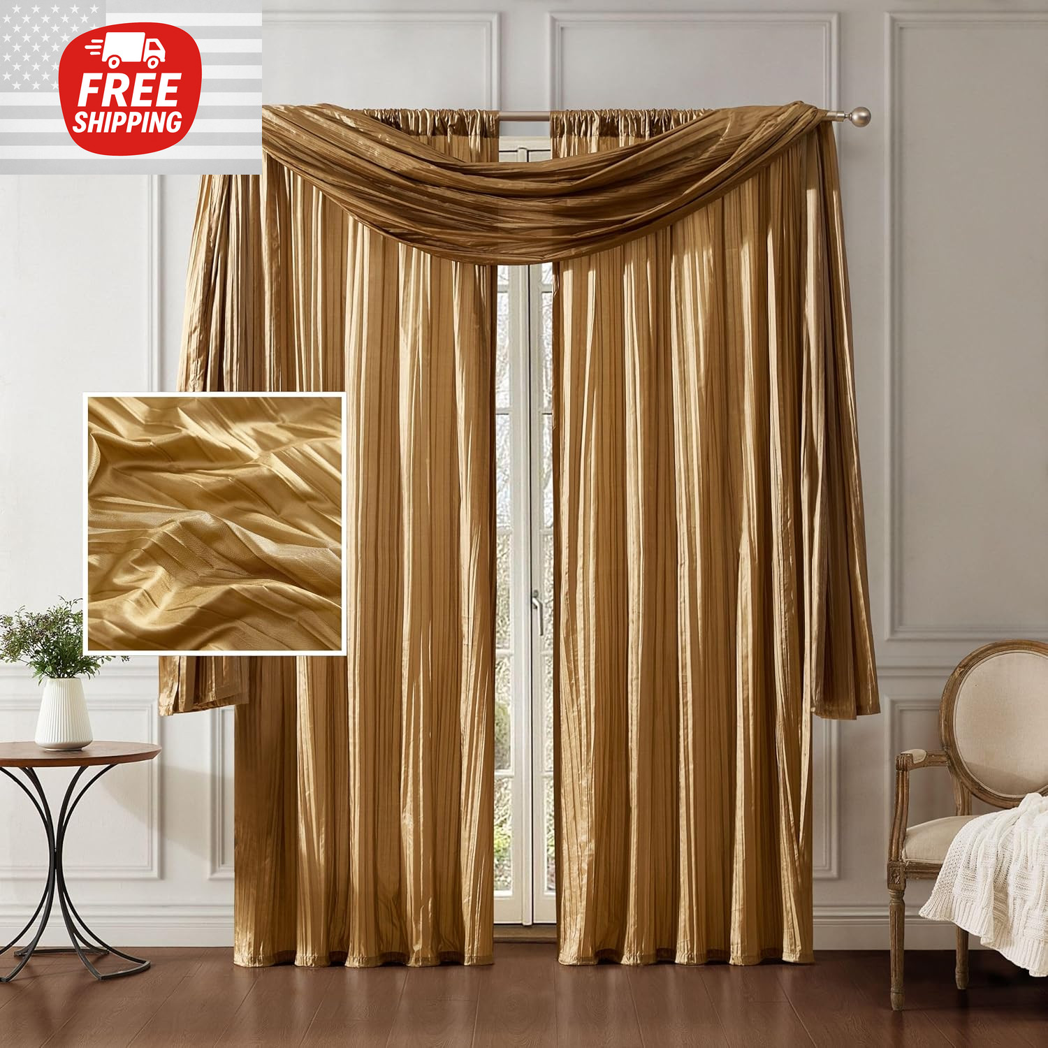 Set 2 Gold Faux Silk Curtains Panels Drapes Pair WITH SCARF 84 in & Valance NEW