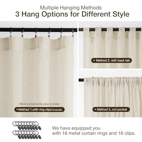 Linen Curtains for Living Room 54 Inch Length 2 52″W x 54″L (Pack of 2) Natural