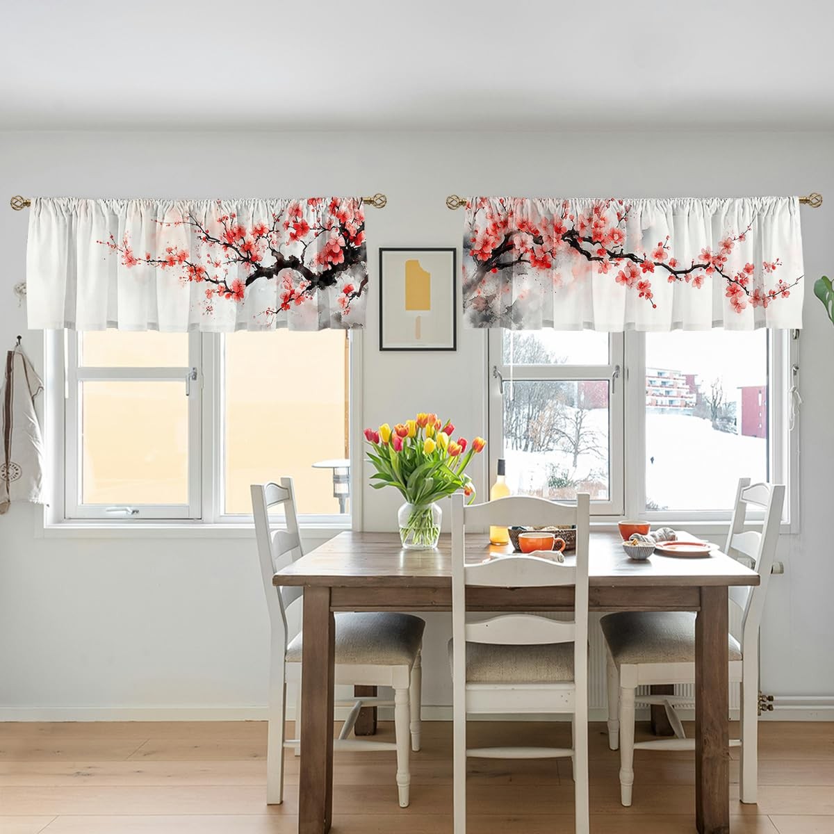 Cherry Blossom Valance Curtain for Windows 2 Pack Watercolor Japan Spring Pin…