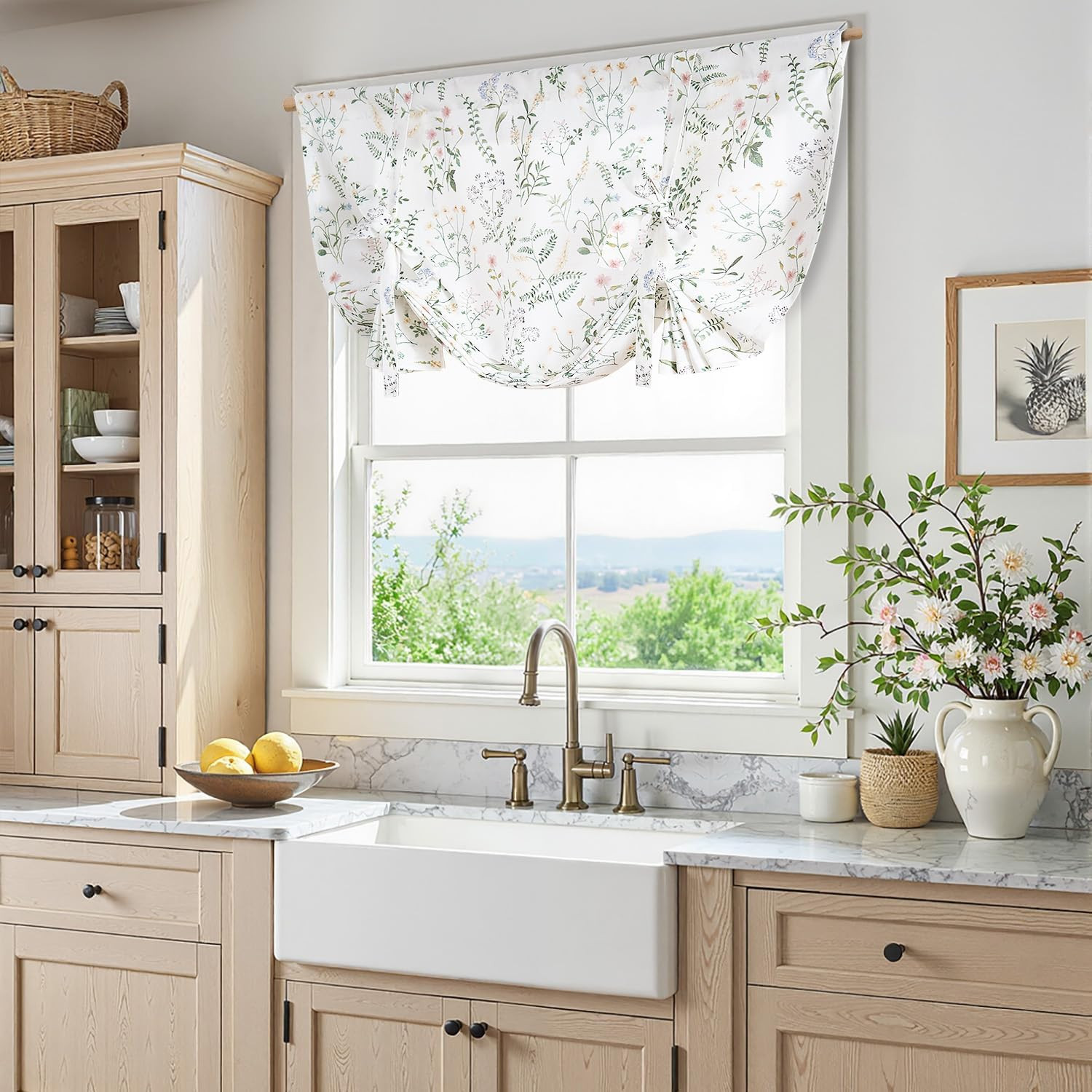 jinchan Floral Tie Up Valance Curtain Adjustable Linen Valance for Windows Farmh