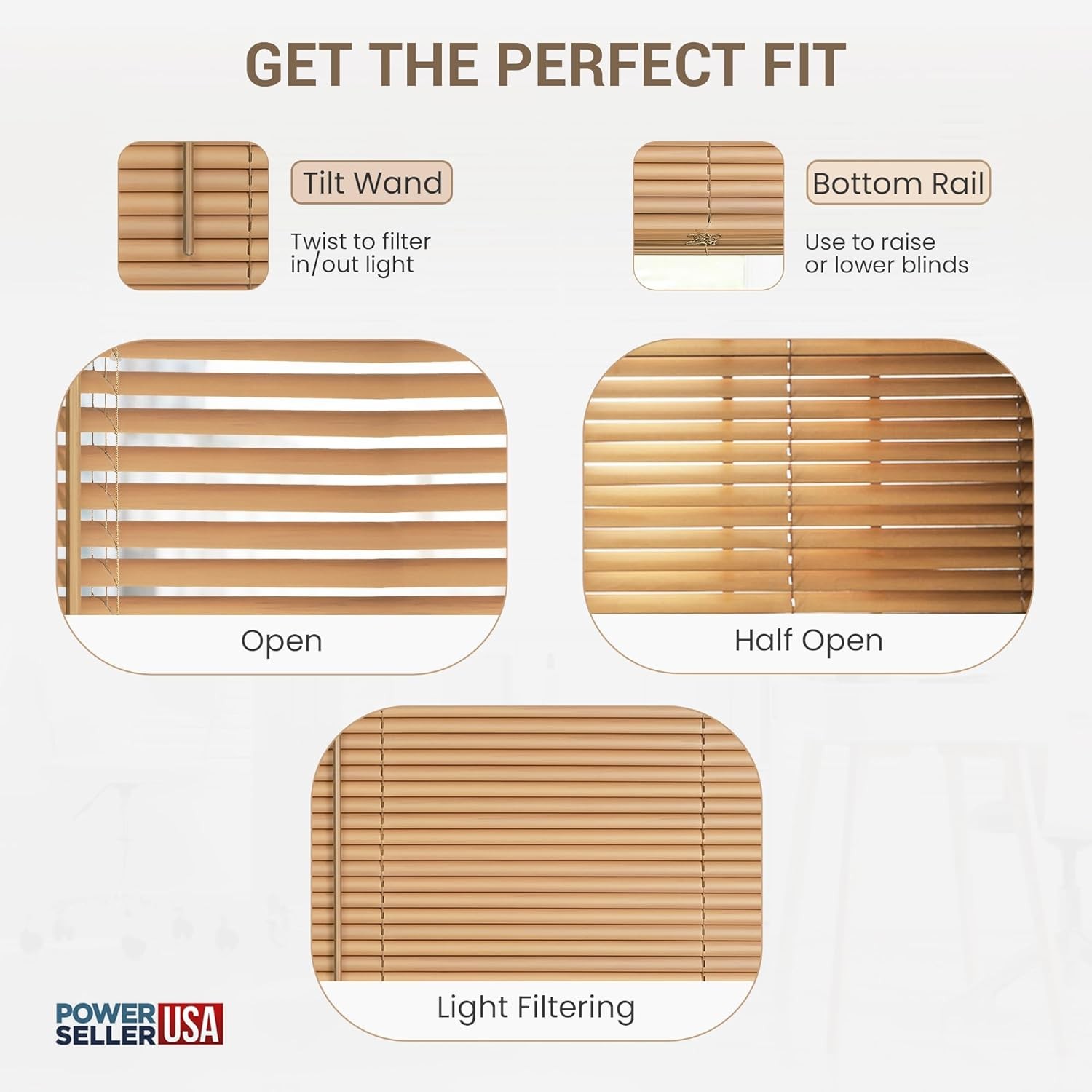 PowerSellerUSA Cordless Vinyl Mini Blinds 34×64 Inch Woodtone