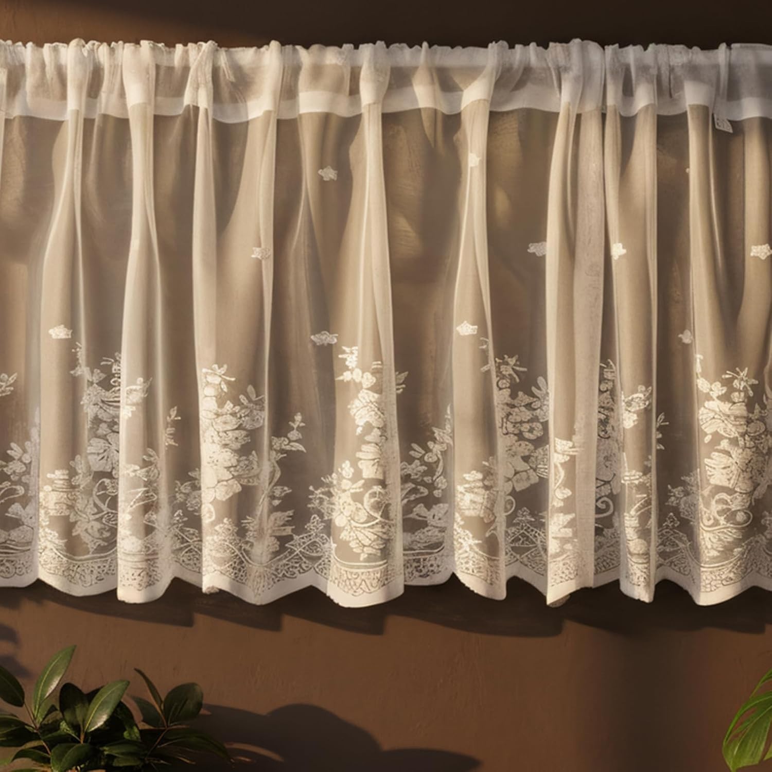 White Lace Window Valance – 59″X23.6″ Floral Semi-Sheer Curtain with Rod Pocket