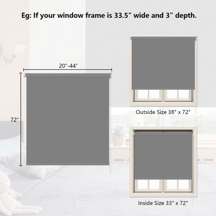 KCO Roller Shades for Windows Blackout Blinds UV Protection 20″ W x 72″ L