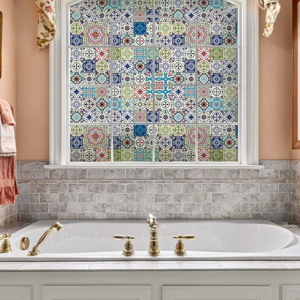 Window Film Talavera Style Stained Glass Static Cling, With Tools, 17.7″ x 78.7″
