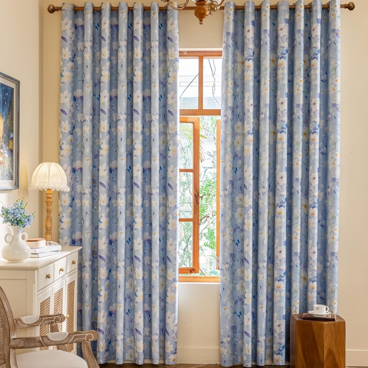 White Floral Blackout Curtains Grommet Top Drapes, 2 Panels, Blue, 52x84inch