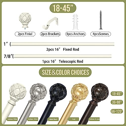 White Farmhouse Curtain Rods for Windows:18-45″ 18-45″ & 1pack Antique White