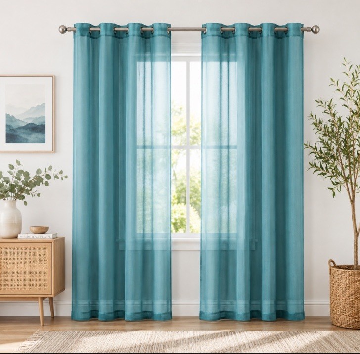 HLC.me Victoria Teal Blue Sheer Grommet Curtain Panel 54×84 Modern