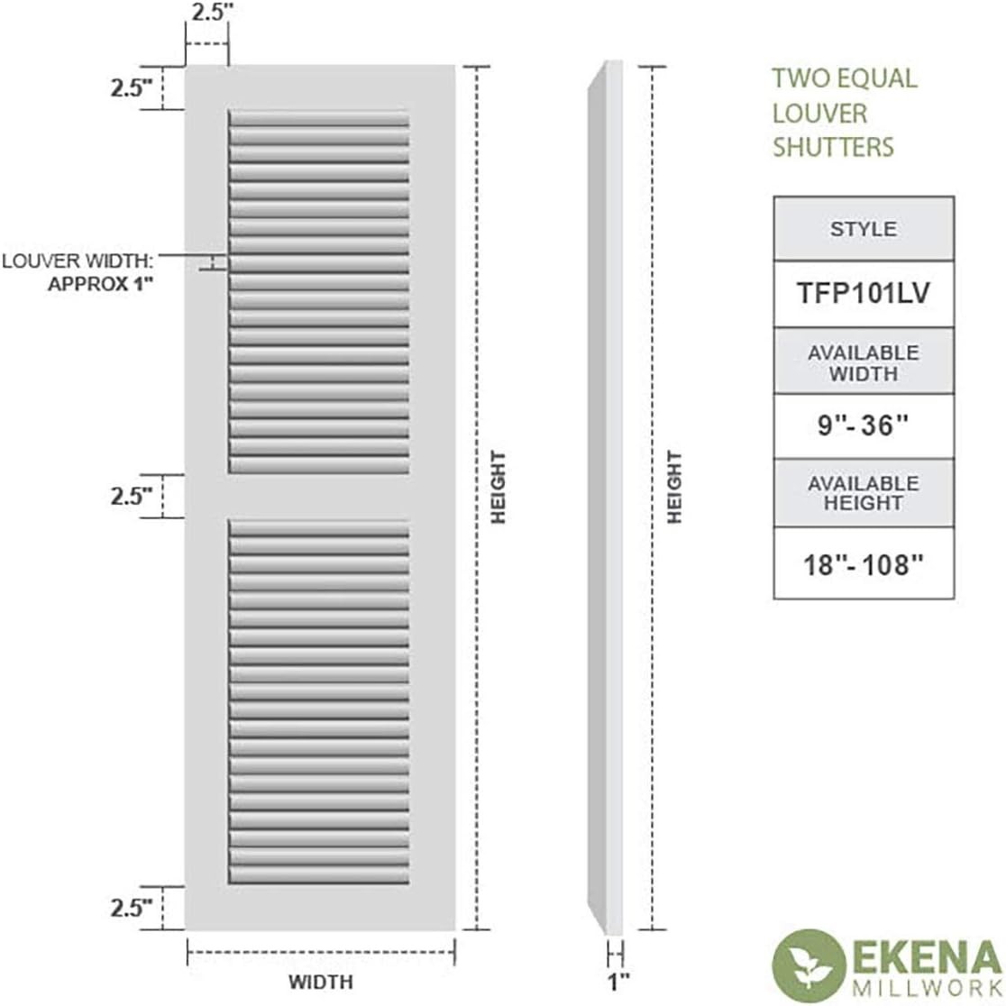 Ekena Millwork 18×55 True Fit PVC Two Equal Louver Shutters Pair Unfinished