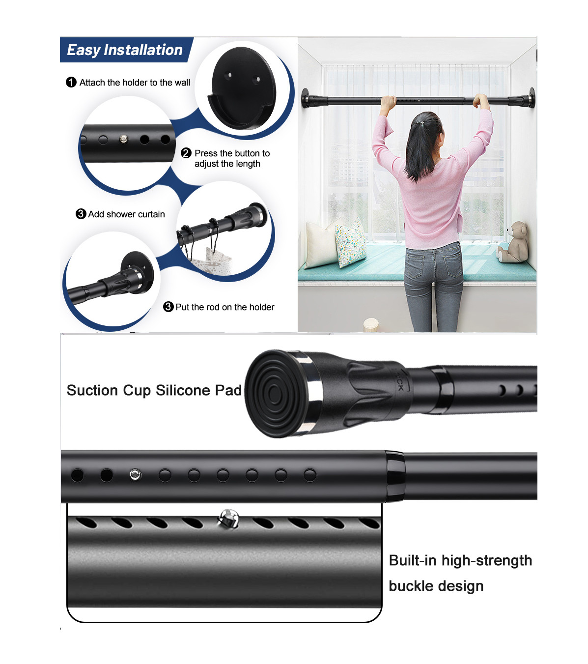 Tension no drill or wall mounted drill shower Curtain closet Rod 60″~115″ Long
