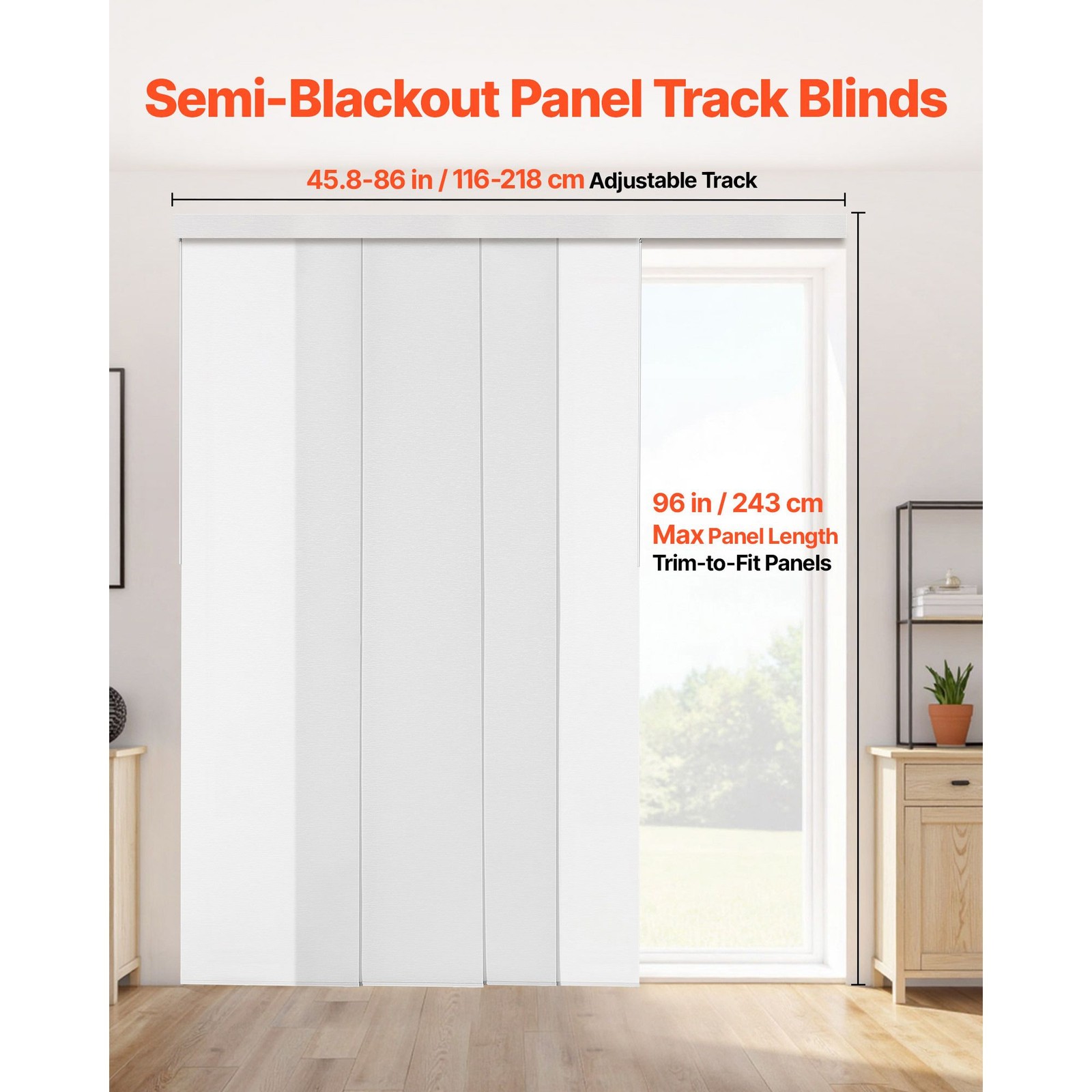 White Adjustable Vertical Panel Blinds for Sliding Doors, 45.8 – 86 in
