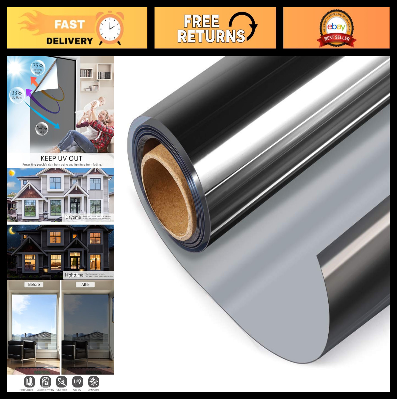 Reflective One Way Window Film – Daytime Privacy, Sun Blocking, Static Cling Tin