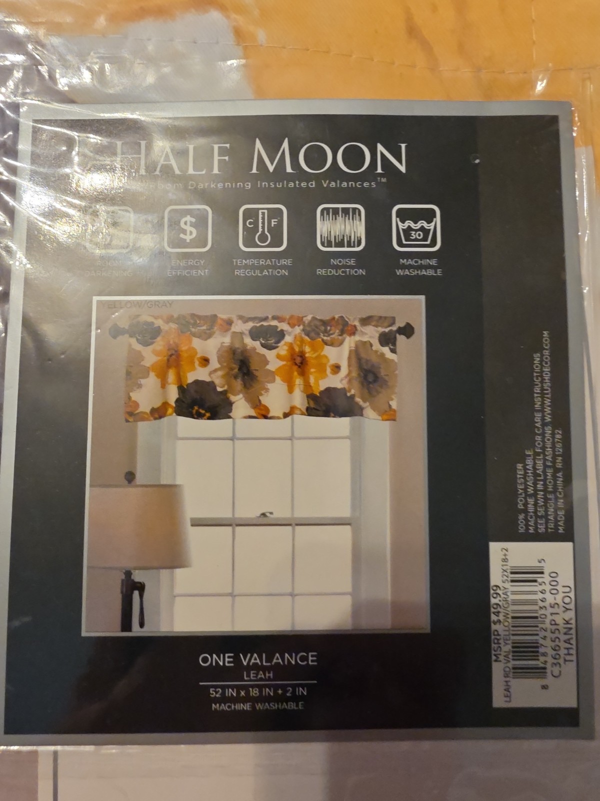 HALF MOON VALANCE ‘LEAH’ GREY & YELLOW FLOWERS. 52″ x 18″ x 2″ NWT