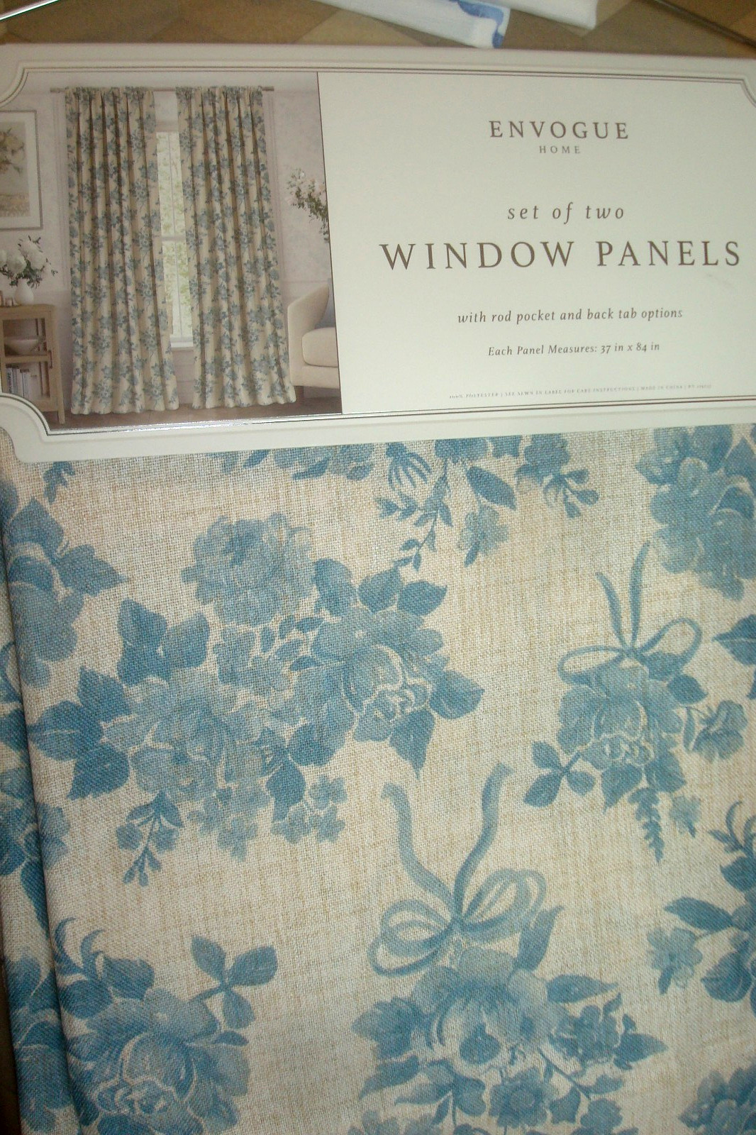 NWT Envogue 2 pc Window Curtain Panels Roses & Ribbons Floral Blue 84″ lg