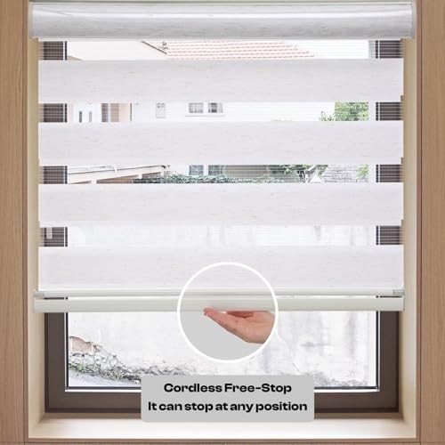 Roller Shades Zebra Blinds for Indoor Windows Cordless Day 28″W x 72″H Beige