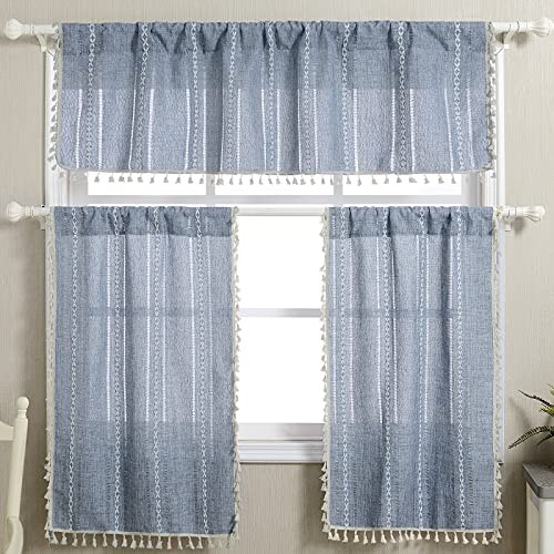 Boho Kitchen Curtains 36 Inch Length French 24″W x 36″L (Pack of 2) Blue