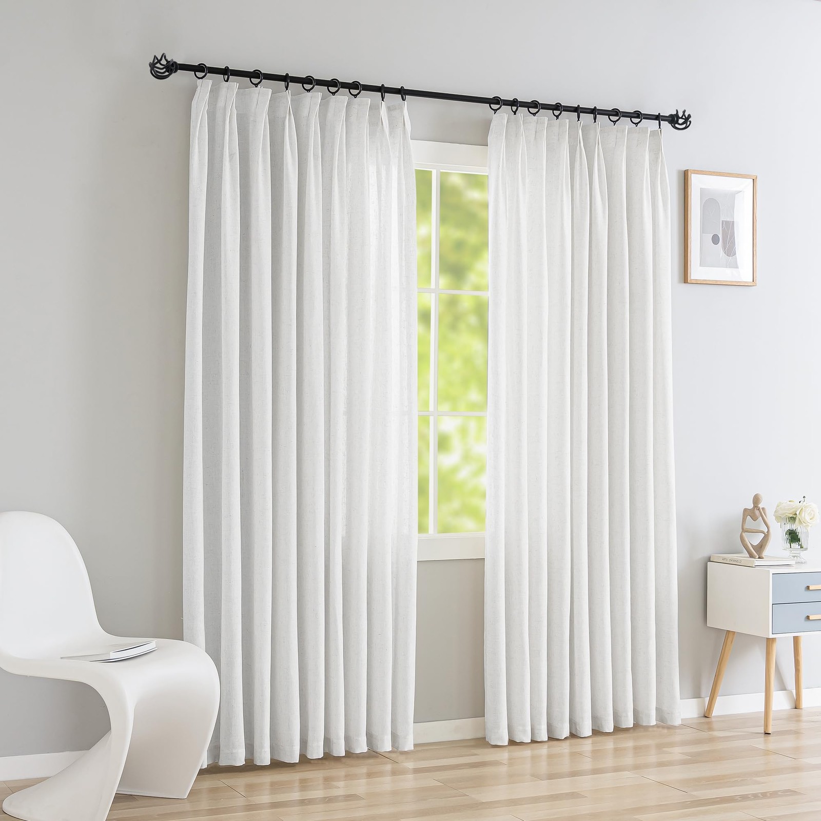 Oyring Faux Linen Light Filtering Pinch Pleated Curtains For Living Room Semi