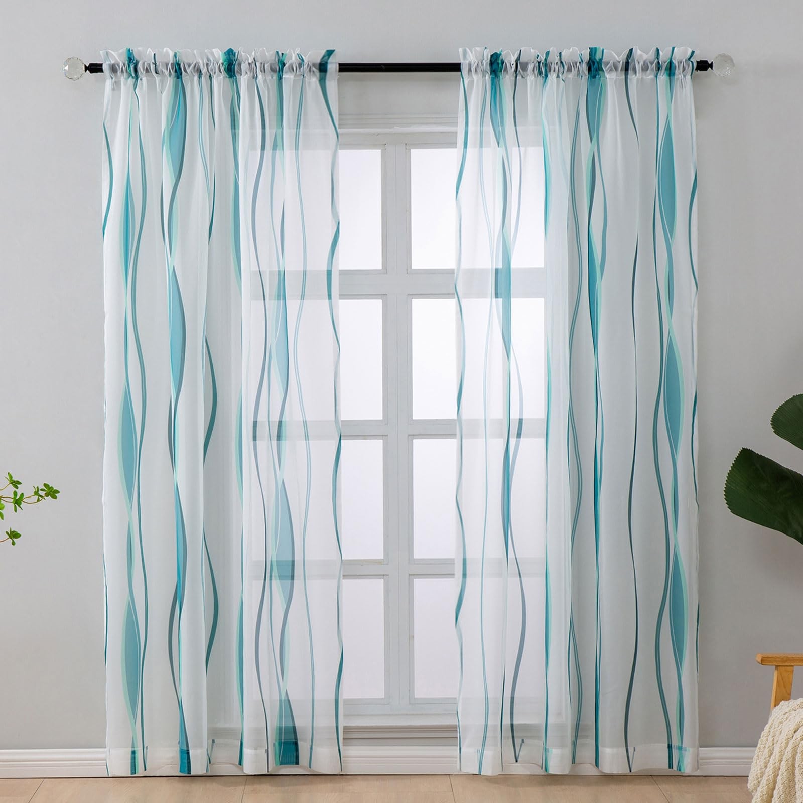White and Teal Sheer Curtains 96 Inch Long 2 Panels Set for Living Room, Voil…