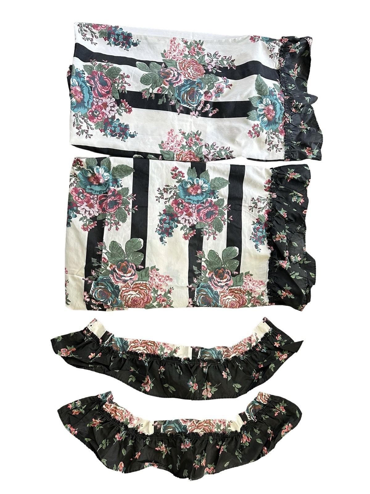 Vtg Black Floral Stripe Damask Park Ave JC Penney Cottage Ruffled Curtain Set