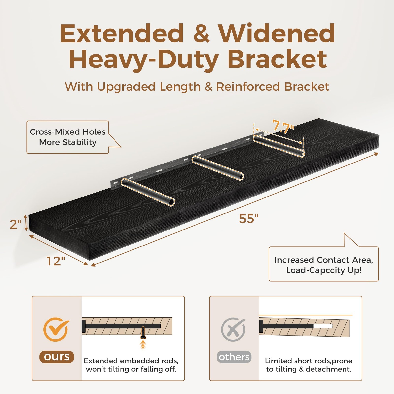 Black Floating Shelves 55 Inch Long, 12 Inch Deep Floating Shelves for Wall, …