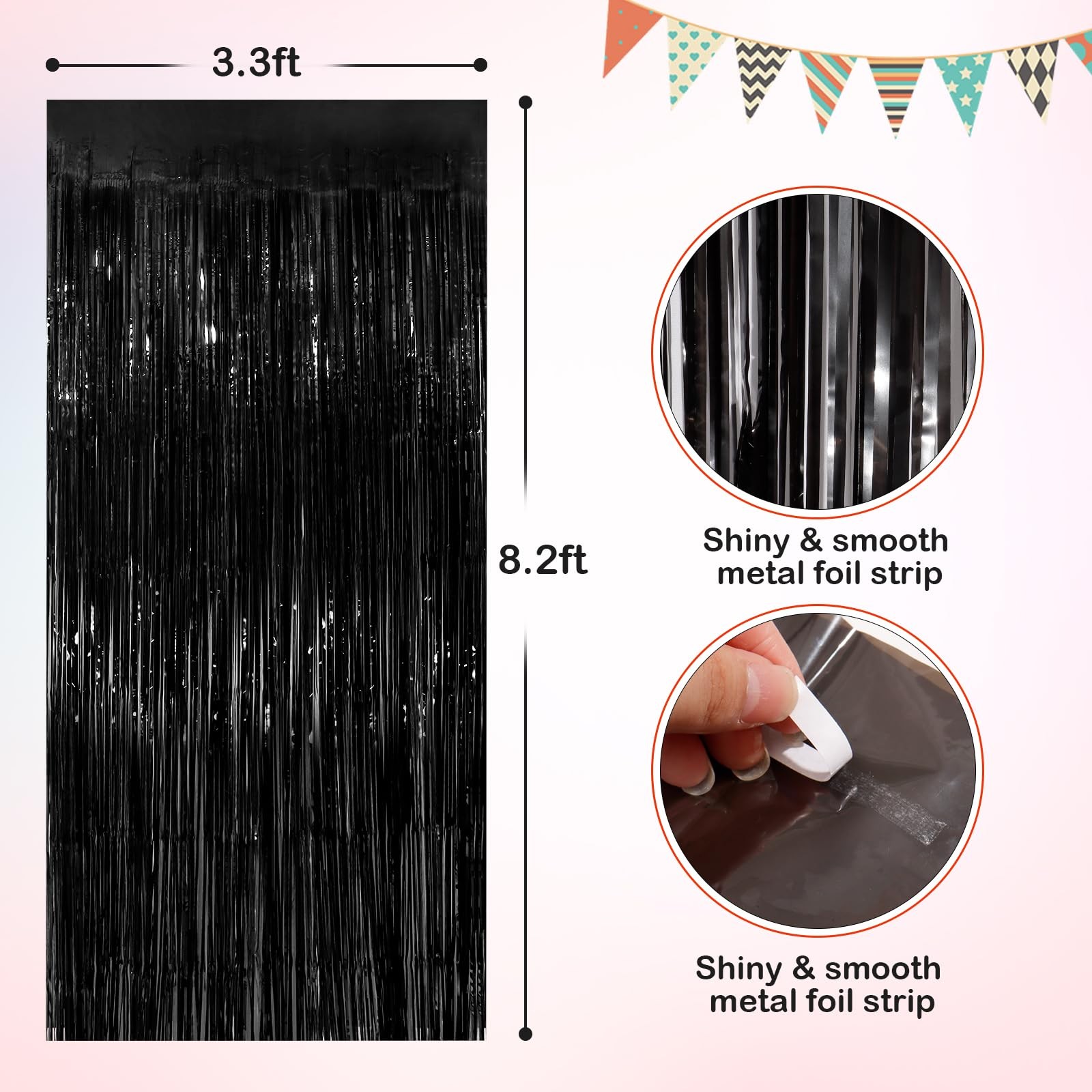4 PCS Black Metallic Tinsel Foil Fringe Curtains 3.3×8.3ft Party Streamers