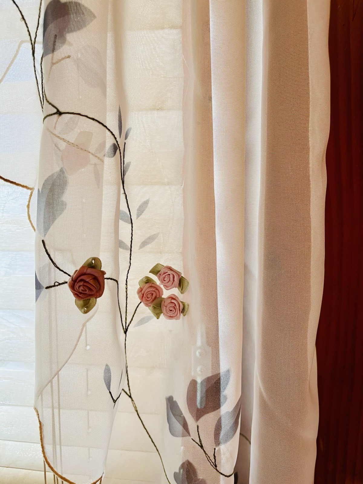 Sheer Valances Embroidered & Hand Sewn with 3D Rosebuds 2 Sets