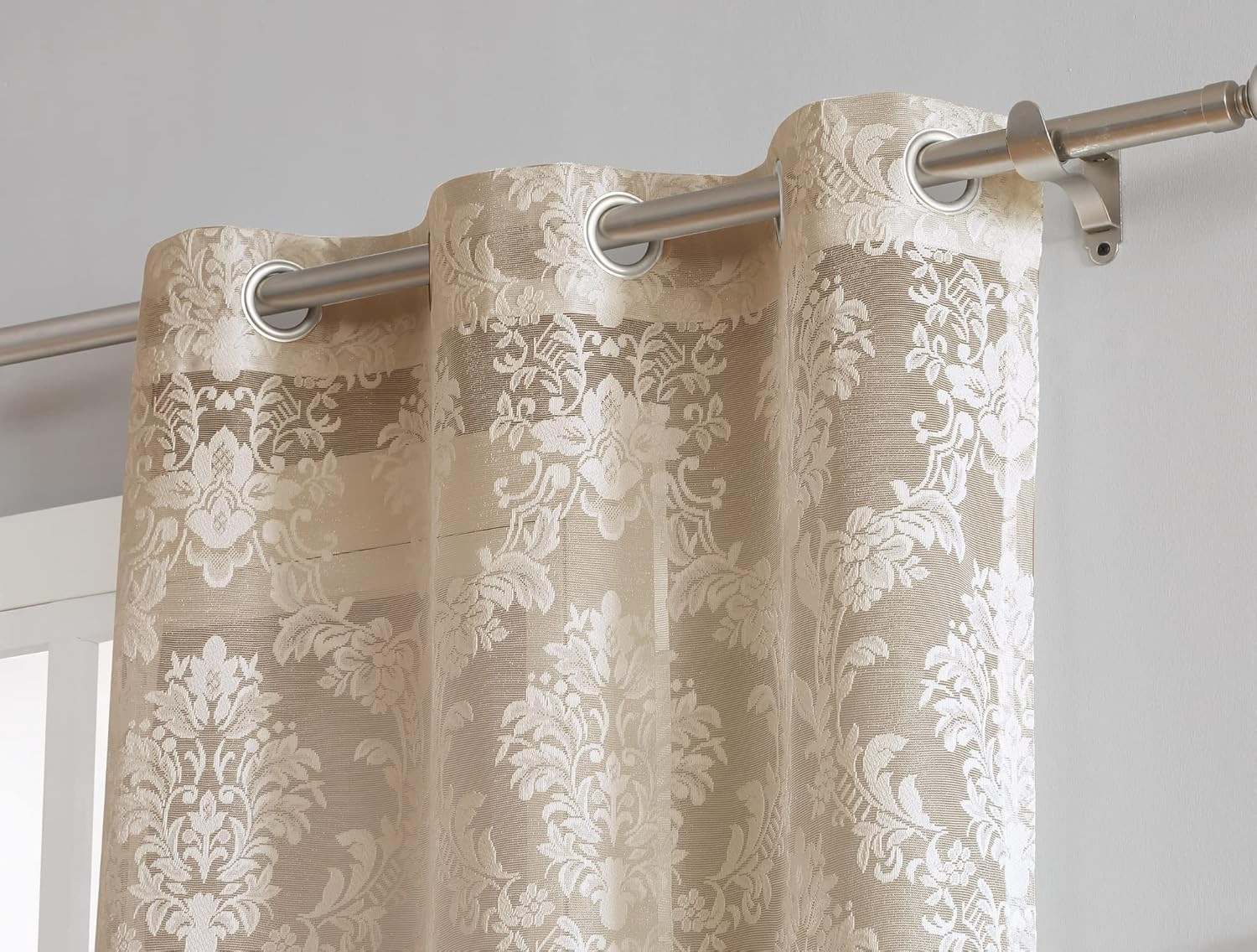 Pair of Short Length 38″ X 63″ Linen Gold Color Knitted Lace Curtains with 6 Gro